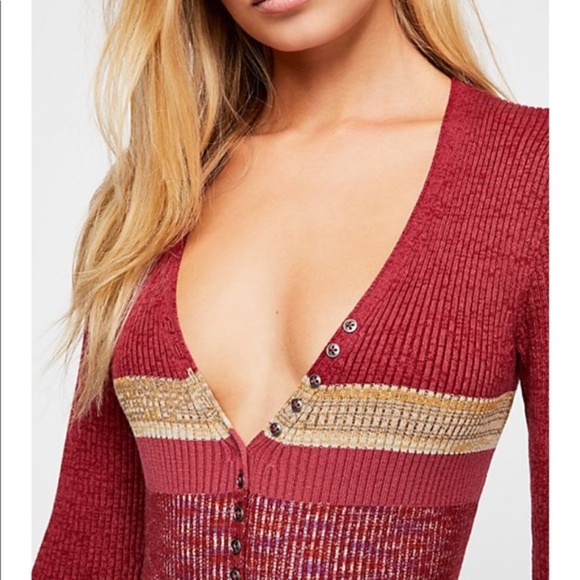 Free People Frequency Long Sleeve V-Neck Tee Sweater Retro Rose